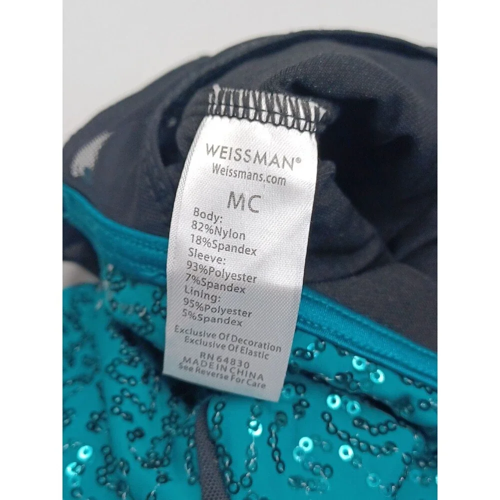 WEISSMAN Gamelan Dance Unitard Sheer One Leg Green Sequined Girl M Sz MC RN64830